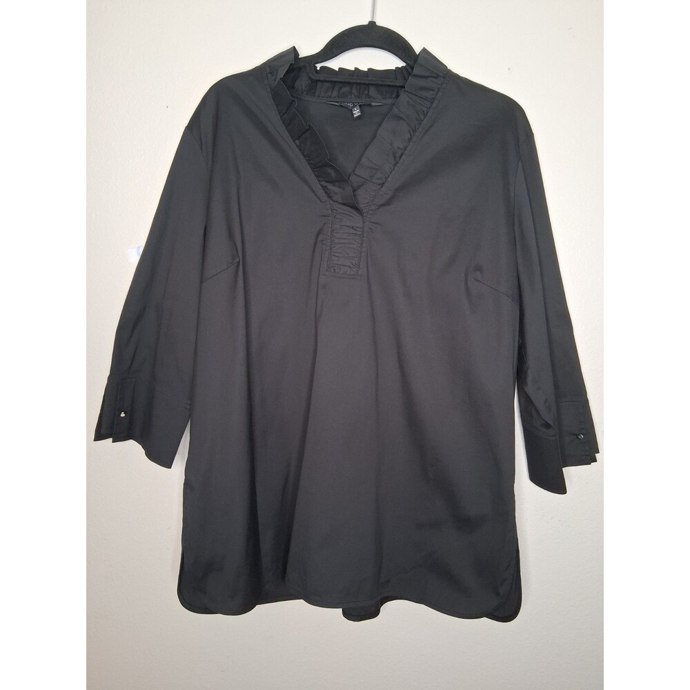 Ming Wang Black 3/4 Sleeve Ruffled V-Neck Blouse Top Business Casual Size L
